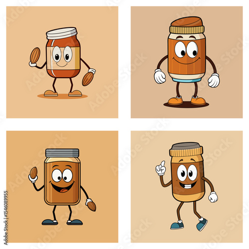 Four cartoon jars with faces and limbs standing on a tan background in a square format image