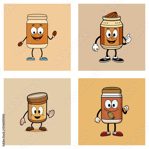 Four cartoon illustrations of peanut butter and almond butter jars with facial expressions and limbs