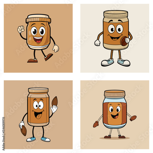Four cartoon peanut butter jars with arms and legs in various poses and expressions on a tan background