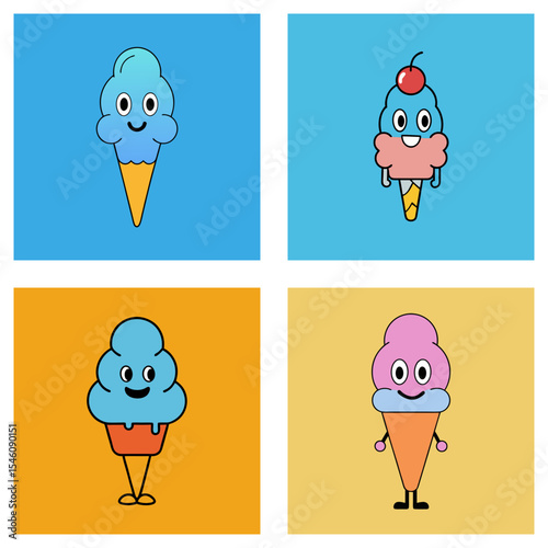 Four cartoon ice cream cones with different flavors and backgrounds in a square arrangement of images