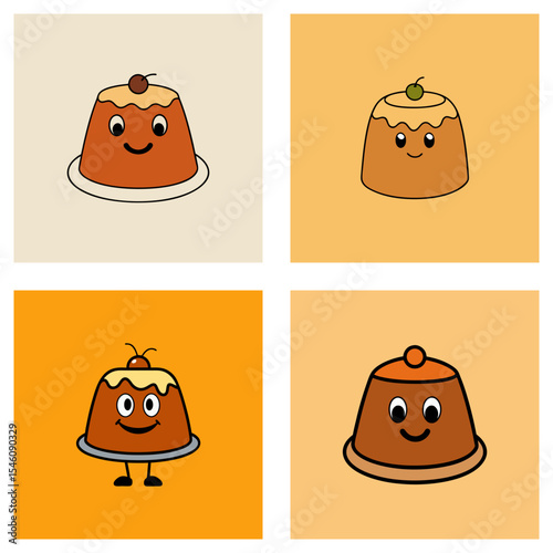 Four squares showing cartoon puddings with faces and cherry toppings on different colored backgrounds