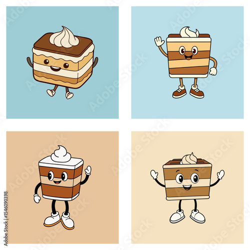 Four cartoon cake slices with faces arms and legs in different backgrounds in a square format collage