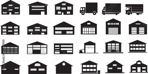 Warehouse Silhouette Icon Set – Storage and Logistics Symbols