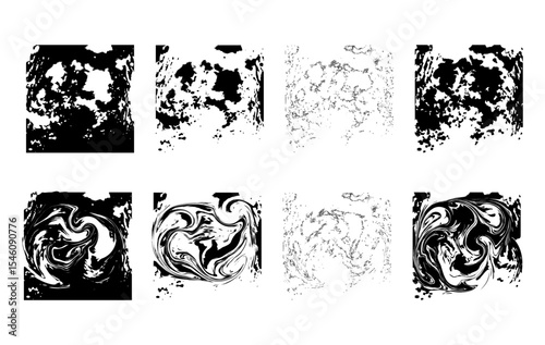 A dynamic abstract textures, blending grunge ink splatters, distressed surfaces, and swirling liquid patterns. The mix of rough, eroded textures with smooth, fluid swirls creates versatile background