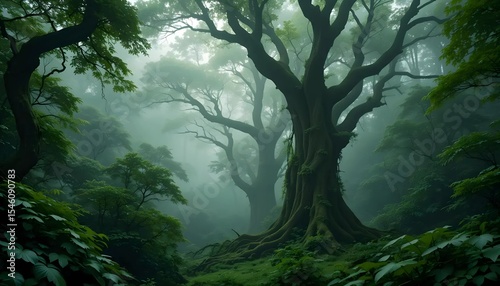 A serene view of a lush, green forest enveloped in a soft mist, highlighting the grandeur of towering trees and dense foliage.