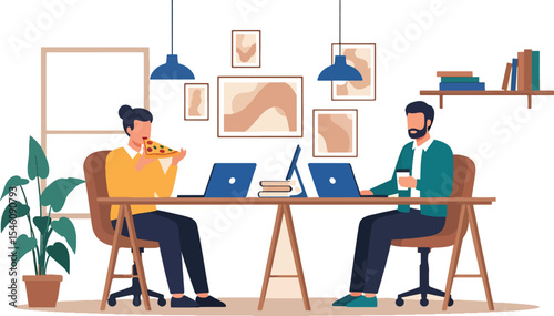 Collaborative Teamwork Colleagues Enjoying Lunch Break at Office Desk