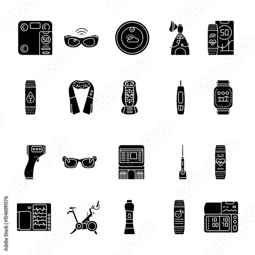 Medical gadgets black line icons for digital and print projects.