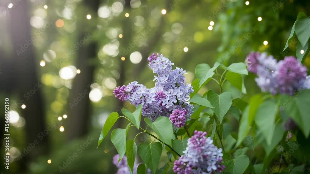 Lilac blossom in garden with bokeh of string lights swaying gently