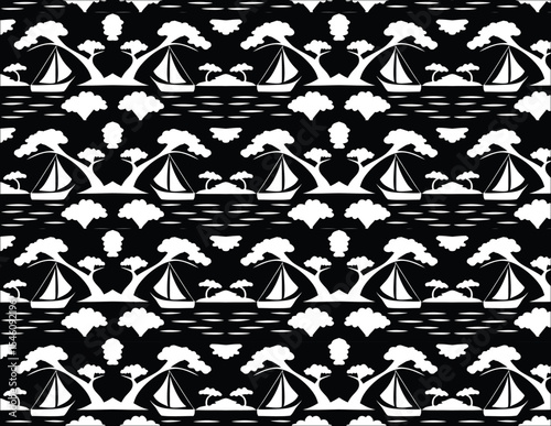 Black and White Sailboat and Island Landscape Pattern