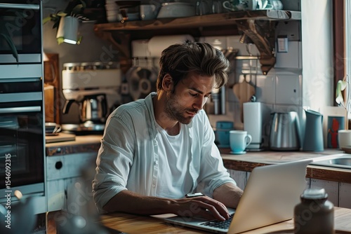 High Resolution of Handsome Man Working on Laptop and Drinking Coffee in Kitchen