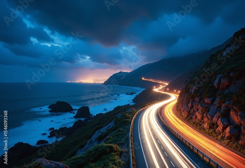Experience the beauty of a coastal highway at night with stunning light trails and a breathtaking view