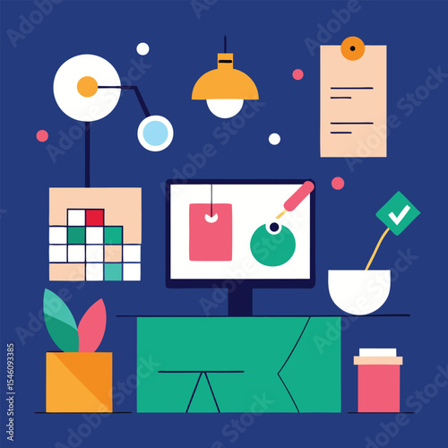 Office Workspace With Creative Mood Board Vector Concept For Idea Generation