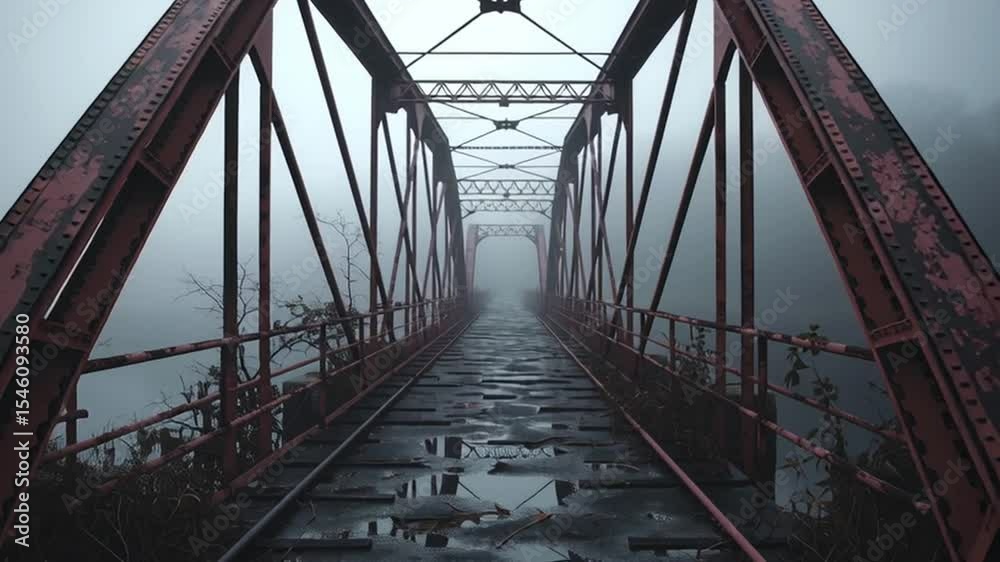 The decaying structure of a forgotten bridge fades into mist, evoking mystery and abandonment.
