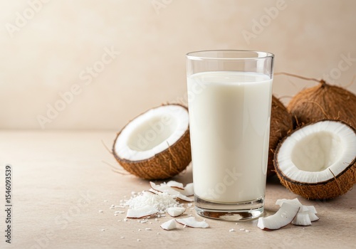 Fresh Coconut Milk in Clear Glass Surrounded by Halved Coconuts and Coconut Flakes on Simple Background