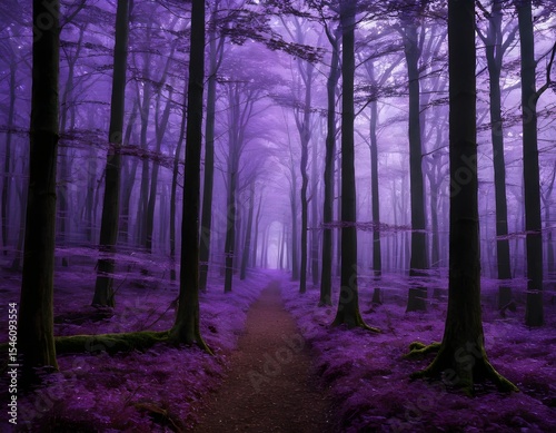 Enchanted purple fairy forest with lights, with a path leading through a forest bathes in a purple hue. It is a visual representation of an imaginative and dreamlike environment. 
