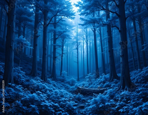Enchanted blue fairy forest with lights, with a path leading through a forest bathes in a blue hue. It is a visual representation of an imaginative and dreamlike environment. 