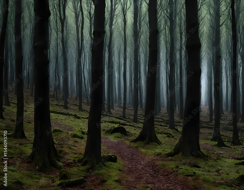 Obraz premium A serene dark forest landscape with numerous tall, slender tree trunks, with the forest floor covered with green moss. The mist or fog enhance the tranquil and mysterious ambiance of the scene. 
