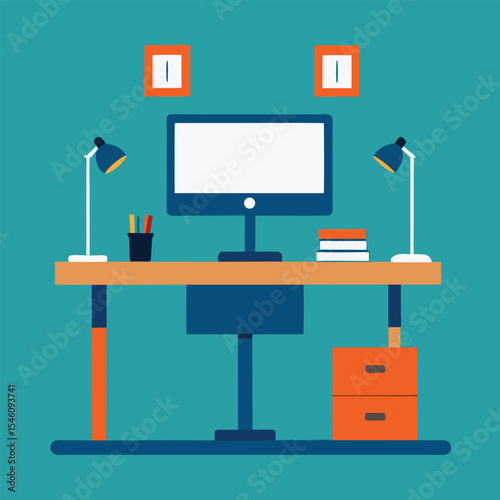 Office Workspace With Standing Desk And Dual Monitors Concept For Healthy Office