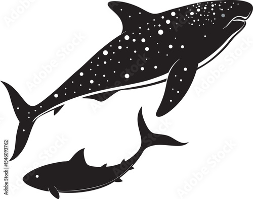 A collection of stylized shark illustrations, depicting the marine predator with a sleek and dynamic aesthetic, sometimes incorporating human elements