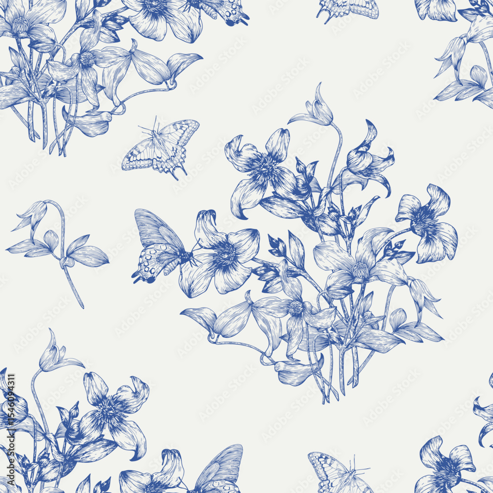 Toile art Floral vector vintage seamless pattern bouquet flowers Clematis and butterflies, blue beige. Hand drawn background for design packaging, textile, wallpaper, Fashion apparel, wedding, holiday