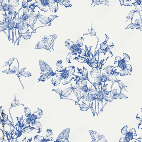 Toile art Floral vector vintage seamless pattern bouquet flowers Clematis and butterflies, blue beige. Hand drawn background for design packaging, textile, wallpaper, Fashion apparel, wedding, holiday