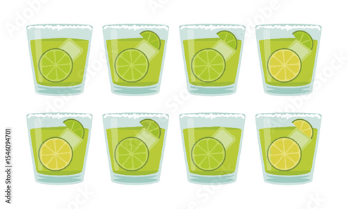Modern vector illustration featuring a horizontal lineup of lime-based cocktails in transparent lowball glasses, easily editable and scalable.