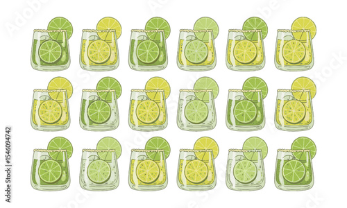 Modern vector illustration featuring a horizontal lineup of lime-based cocktails in transparent lowball glasses, easily editable and scalable.