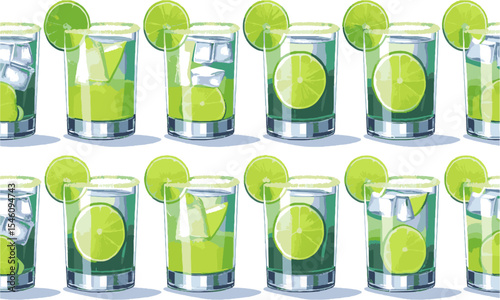 Modern vector illustration featuring a horizontal lineup of lime-based cocktails in transparent lowball glasses, easily editable and scalable.