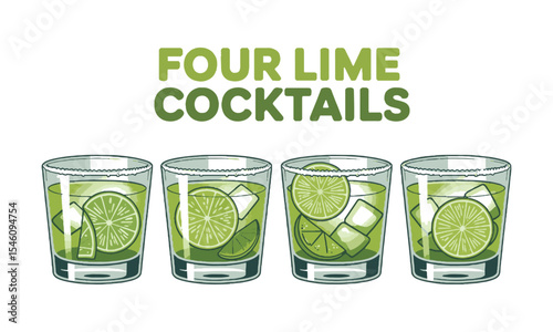 Modern vector illustration featuring a horizontal lineup of lime-based cocktails in transparent lowball glasses, easily editable and scalable.