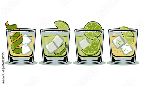 Modern vector illustration featuring a horizontal lineup of lime-based cocktails in transparent lowball glasses, easily editable and scalable.