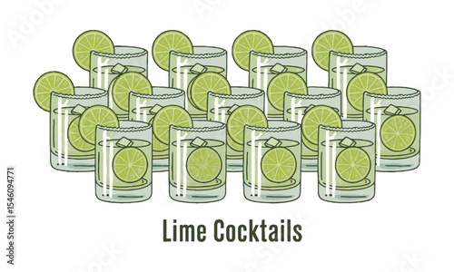 Modern vector illustration featuring a horizontal lineup of lime-based cocktails in transparent lowball glasses, easily editable and scalable.