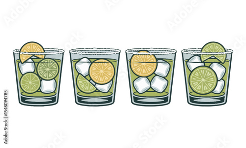 Modern vector illustration featuring a horizontal lineup of lime-based cocktails in transparent lowball glasses, easily editable and scalable.