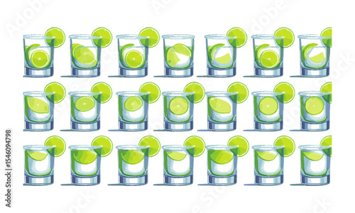 Modern vector illustration featuring a horizontal lineup of lime-based cocktails in transparent lowball glasses, easily editable and scalable.