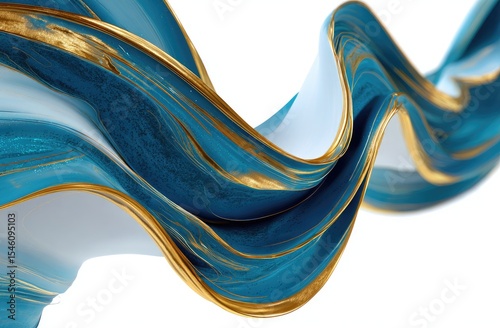 Swirling teal and gold fabric, elegant curves against a white backdrop, glossy finish
