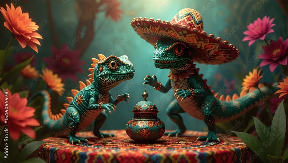 Obraz premium Two charming lizards in vibrant attire, adorned with a sombrero and jewelry, gather near a decorative jar, framed by colorful flowers.