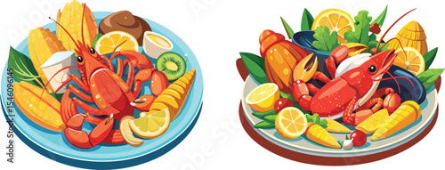England seafood platter featuring lobster scuid crabs vector art design