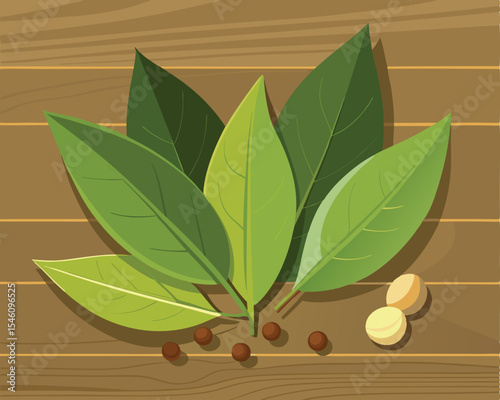 Fresh and dried bay leaves arranged on a rustic wooden background vector art design 