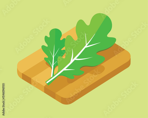 Fresh arugula leaves with vibrant green color on wooden tray vector art design 