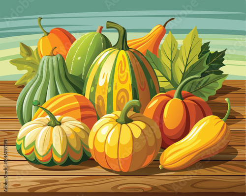 Fresh assorted squash varieties of pumpkin vector art design 