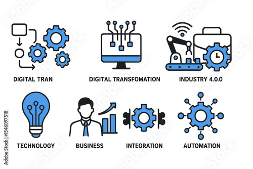 A set of business automation icons is available, featuring process, digital transformation, industry productivity, technology, business, and integration symbols in a simple flat vector style