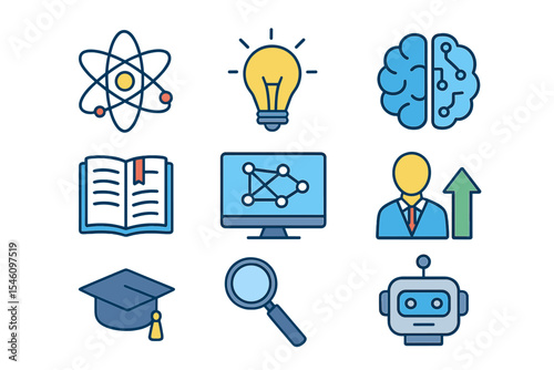 A vector illustration set of flat icons for science, education, and  technology is presented in a colorful abstract design, incorporating symbols of machine learning and success training