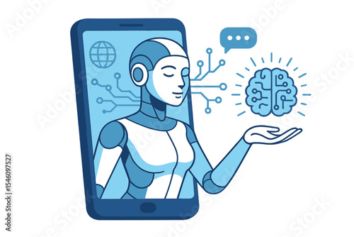 provides online network access to information and data through smartphones, where AI, represented as a female cyborg or bot, emerges from the screen to offer digital mind usage