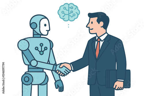 The collaboration between a robot and a businessman is represented by a vector of