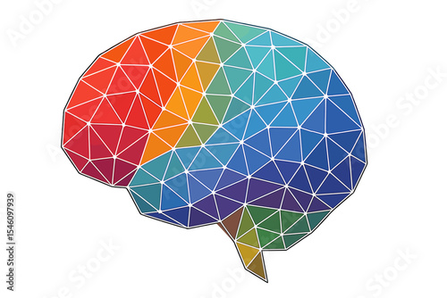 A digital representation of the human brain is depicted in low poly form, incorporating concepts of neural networks, IQ testing, and virtual science technology, symbolizing the process of