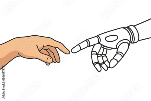 Robot and human hands are interconnected with fingers, symbolizing Virtual Reality or advanced  Technology
