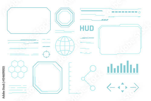 A futuristic user interface screen elements set featuring HUD, UI, and GUI is available for a high-tech video game screen, complete with abstract virtual graphics and a touch interface in a cyberpunk