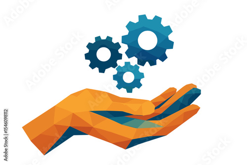 Low poly abstract depiction of a hand with gears, representing  and machine learning concepts
