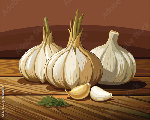 Garlic bulbs and cloves on a rustic wooden surface vector art design 