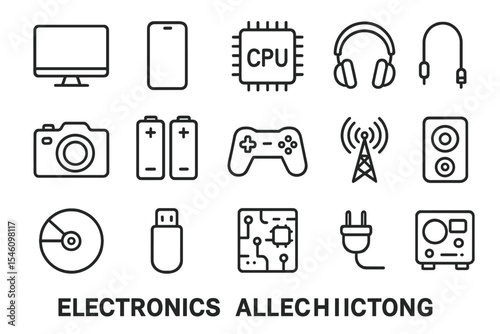 A set of thin vector icons related to electronics is available in black and white