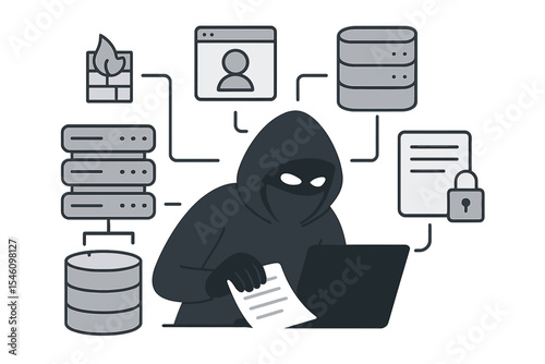 A hacker utilized the Internet to breach an abstract computer server, database, network storage, firewall, and social network account, resulting in data theft